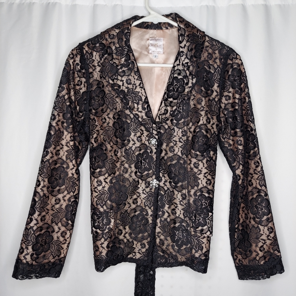 Six Degrees Lace Blazer Jewel Button Belted‎ Tie Black Lined Vneck Collar Small